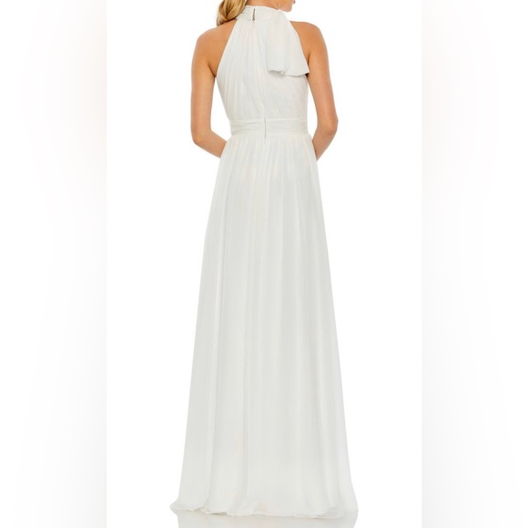 Ieena for Mac Duggal Greek Goddess High Neck Ruched Chiffon A Line Gown in White - Picture 2 of 5
